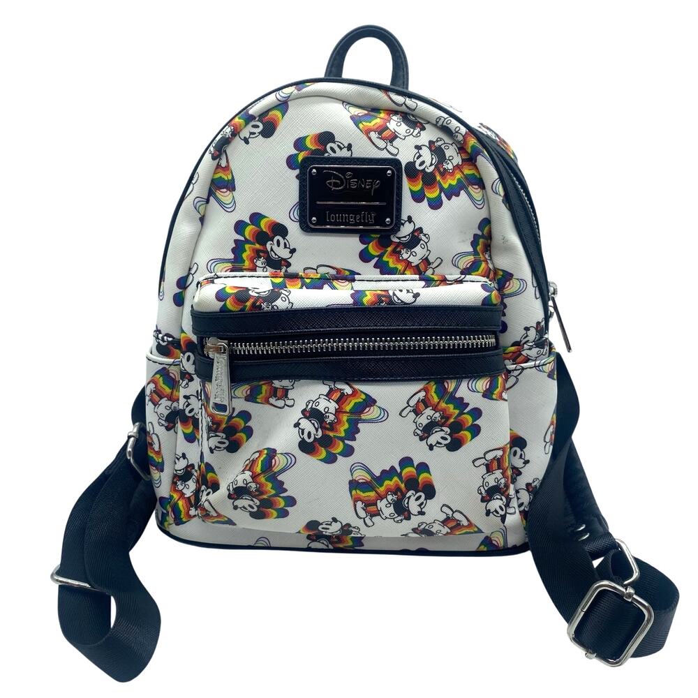 Disney Mickey Mouse Loungefly White Rainbow Mini Backpack Adjustable Vacation